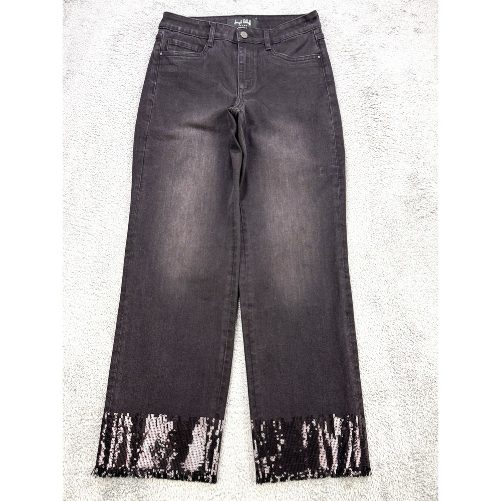 Joseph Ribkoff Jeans Women 6 28x28 Black Sequin Hem Distress‎ Straight Denim